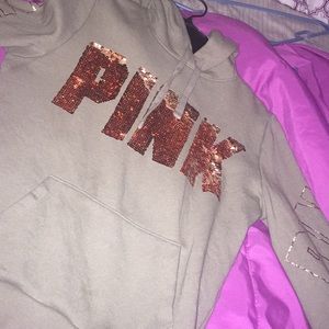 Olive green pink hoodie with rose gold sequence
